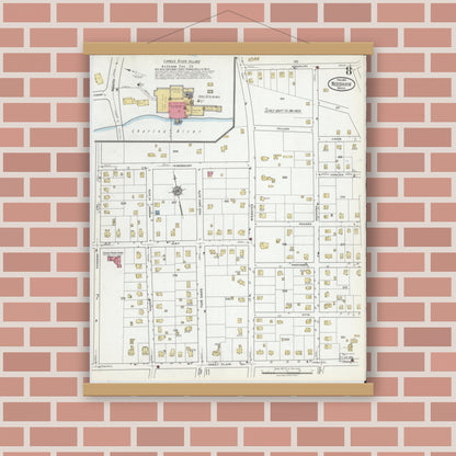 Old map wall art mockup — magnetic wood frame on brick wall — Sanborn Fire Insurance Map from Needham, Norfolk County, Massachusetts (1919), Sheet #0008