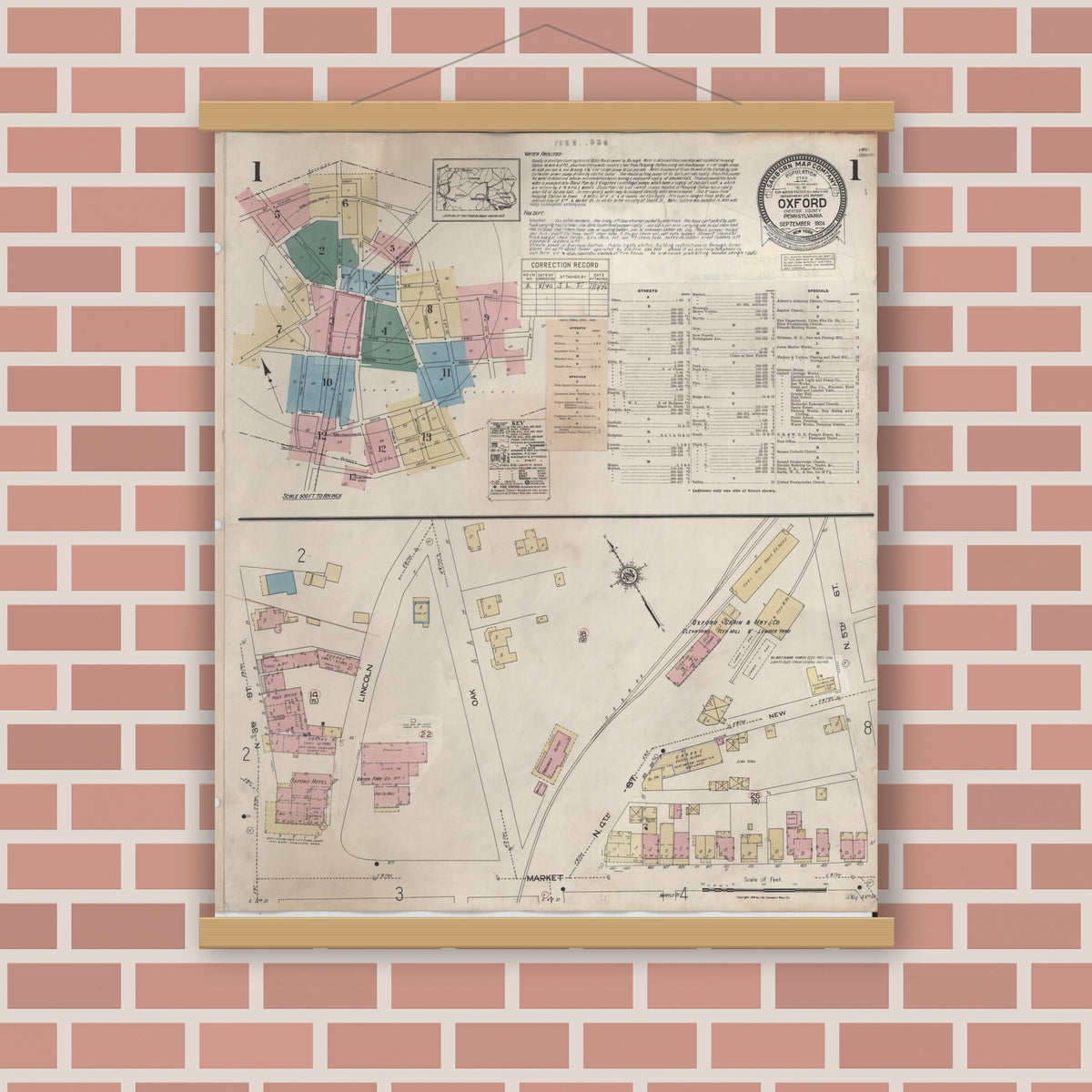 Old map wall art mockup — magnetic wood frame on brick wall — Sanborn Fire Insurance Map from Oxford, Chester County, Pennsylvania (1940), Sheet #0001