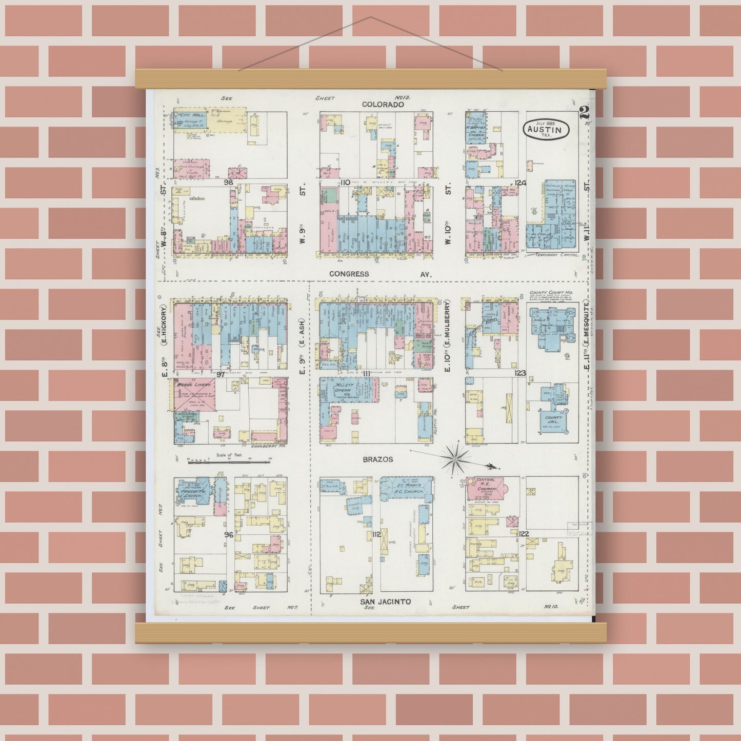 Old map wall art mockup — magnetic wood frame on brick wall — Sanborn Fire Insurance Map from Austin, Travis County, Texas (1889), Sheet #0002