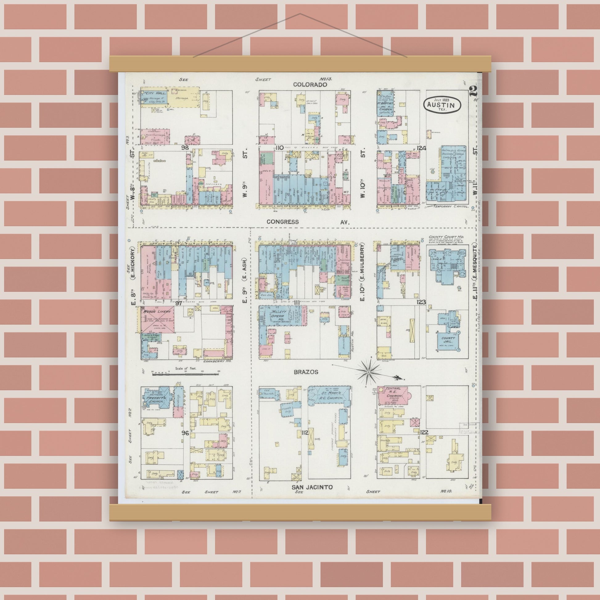 Old map wall art mockup — magnetic wood frame on brick wall — Sanborn Fire Insurance Map from Austin, Travis County, Texas (1889), Sheet #0002