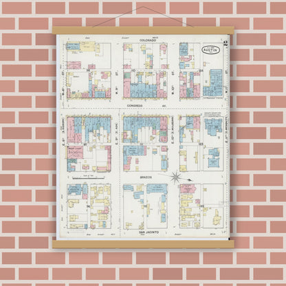 Old map wall art mockup — magnetic wood frame on brick wall — Sanborn Fire Insurance Map from Austin, Travis County, Texas (1889), Sheet #0002