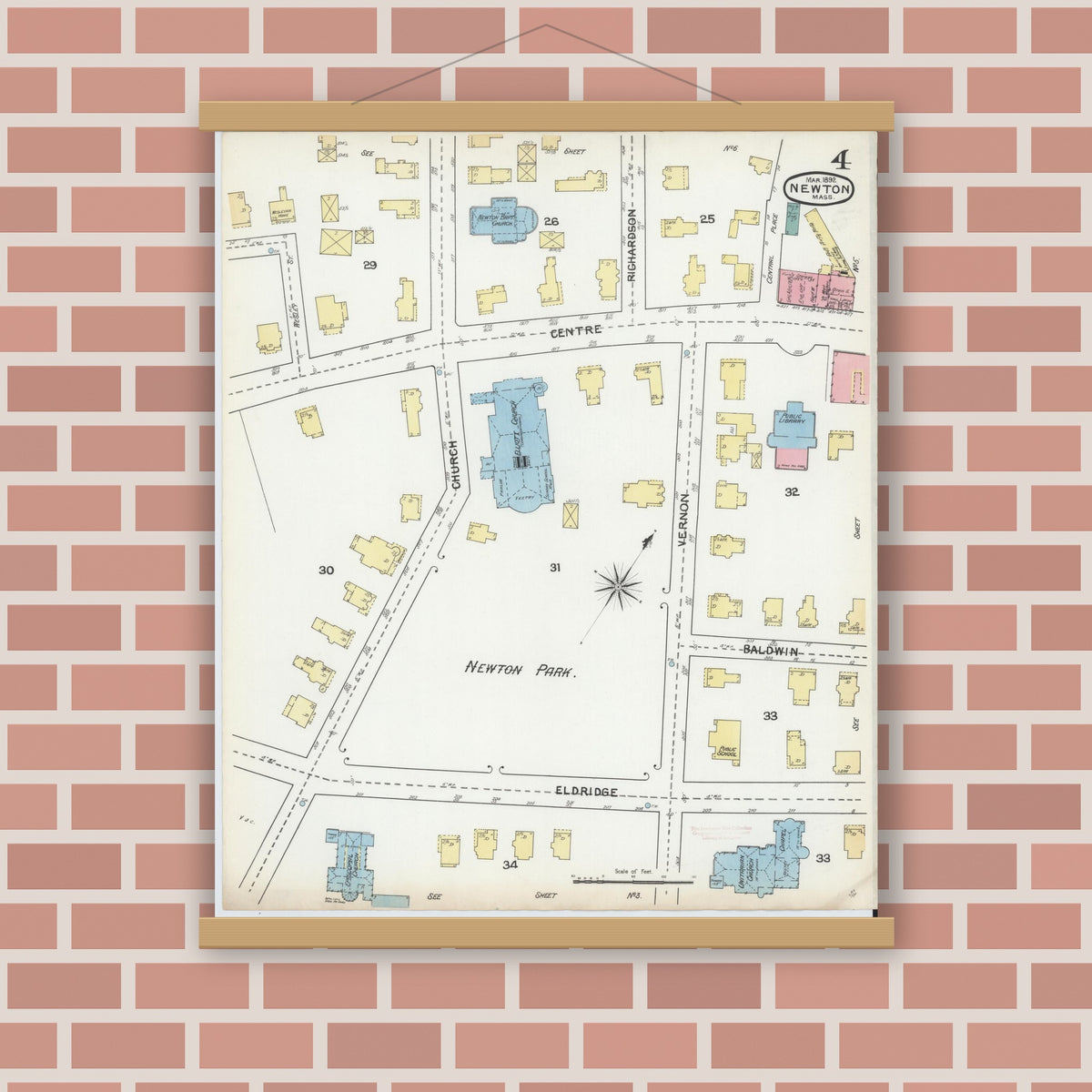 Old map wall art mockup — magnetic wood frame on brick wall — Sanborn Fire Insurance Map from Newton, Middlesex County, Massachusetts (1892), Sheet #0004