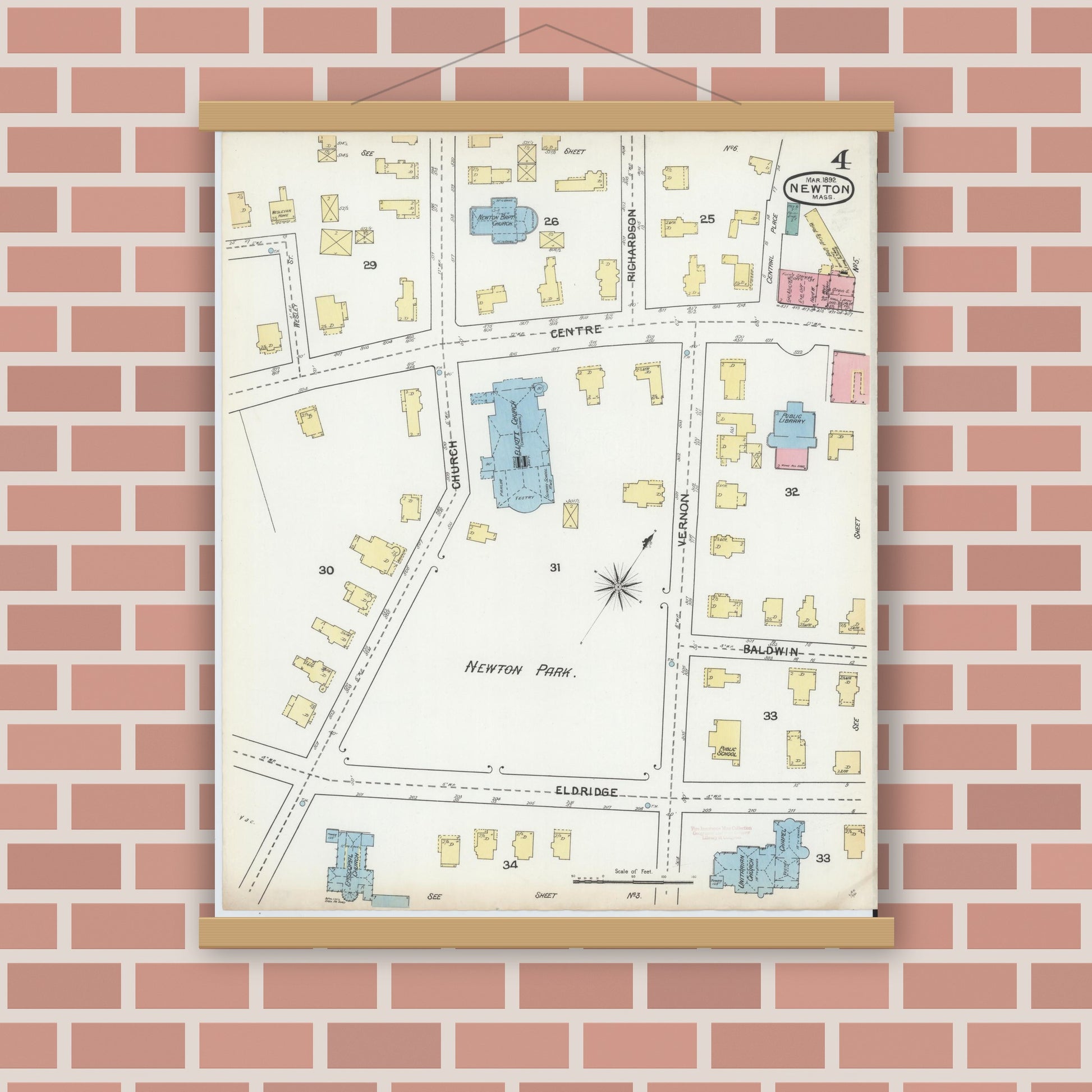 Old map wall art mockup — magnetic wood frame on brick wall — Sanborn Fire Insurance Map from Newton, Middlesex County, Massachusetts (1892), Sheet #0004