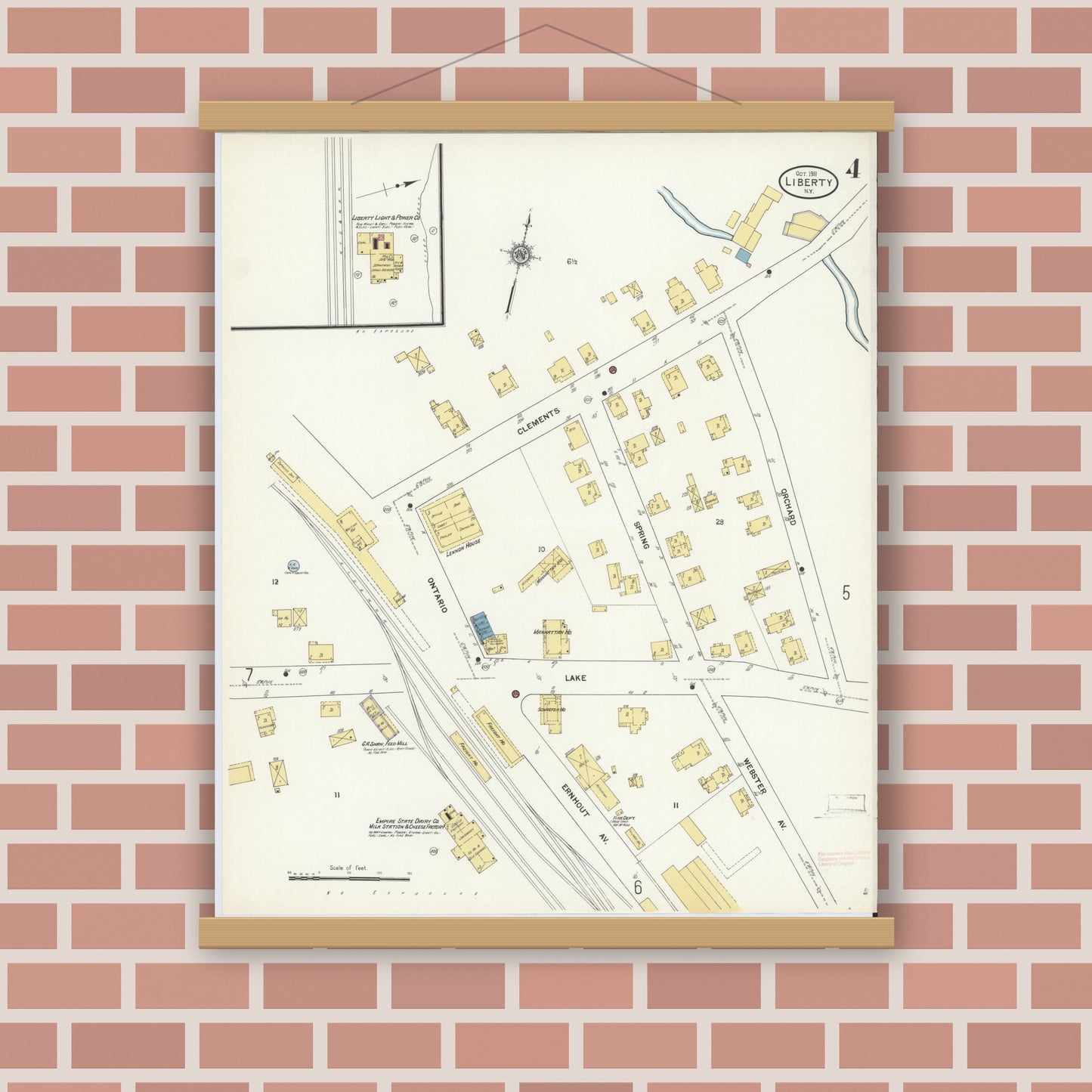 Old map wall art mockup — magnetic wood frame on brick wall — Sanborn Fire Insurance Map from Liberty, Sullivan County, New York (1911), Sheet #0004