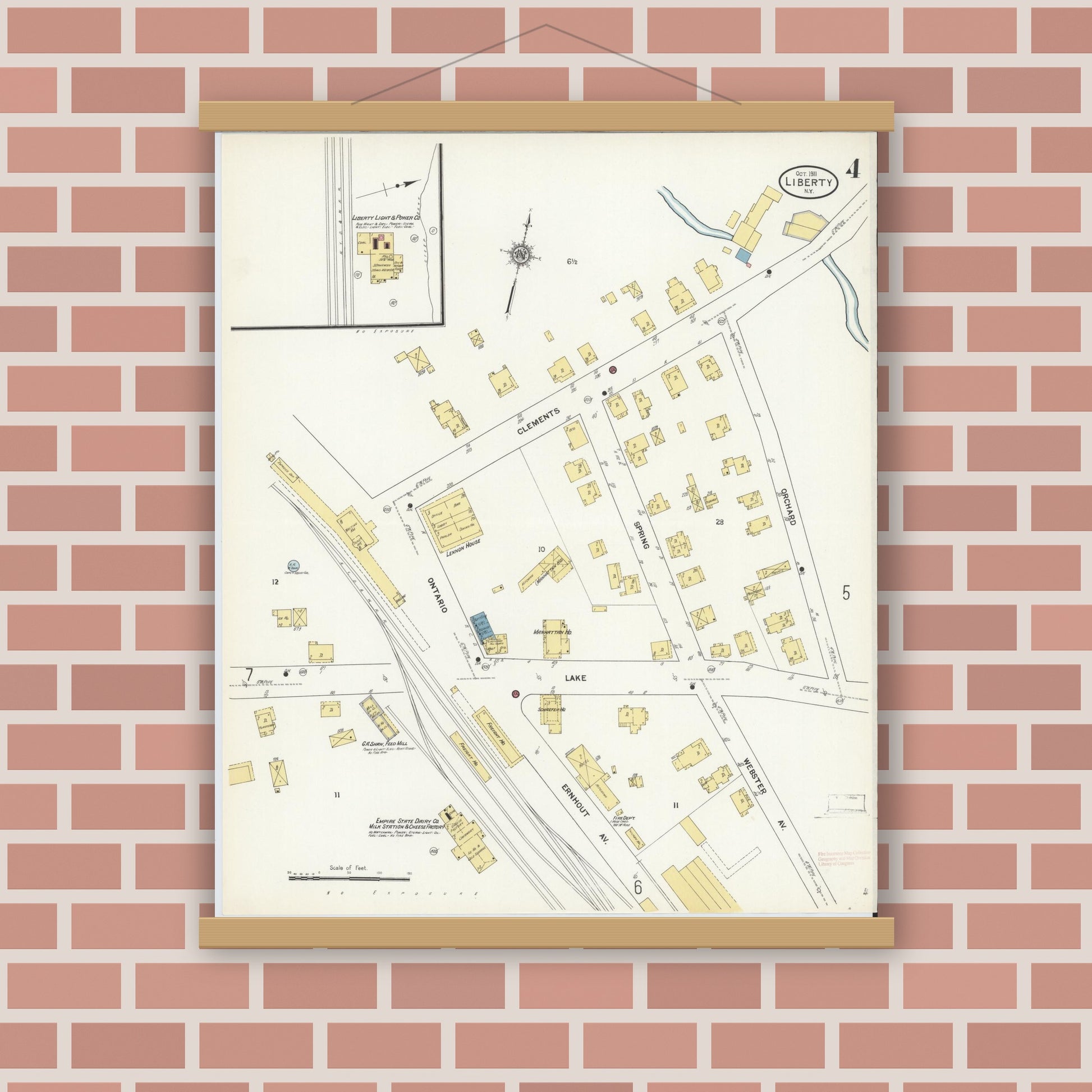 Old map wall art mockup — magnetic wood frame on brick wall — Sanborn Fire Insurance Map from Liberty, Sullivan County, New York (1911), Sheet #0004