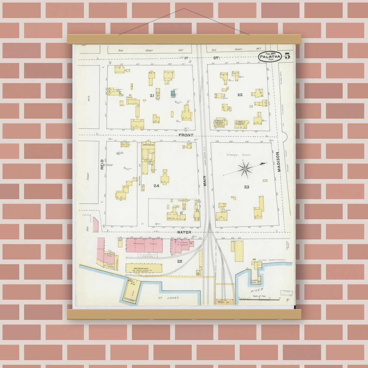 Old map wall art mockup — magnetic wood frame on brick wall — Sanborn Fire Insurance Map from Palatka, Putnam County, Florida (1892), Sheet #0005