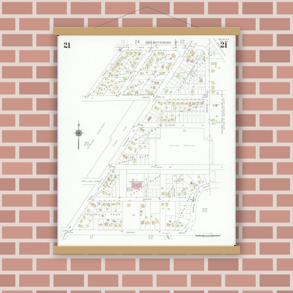 Old map wall art mockup — magnetic wood frame on brick wall — Sanborn Fire Insurance Map from Beloit, Rock County, Wisconsin (1939), Sheet #0021