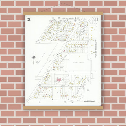 Old map wall art mockup — magnetic wood frame on brick wall — Sanborn Fire Insurance Map from Beloit, Rock County, Wisconsin (1939), Sheet #0021