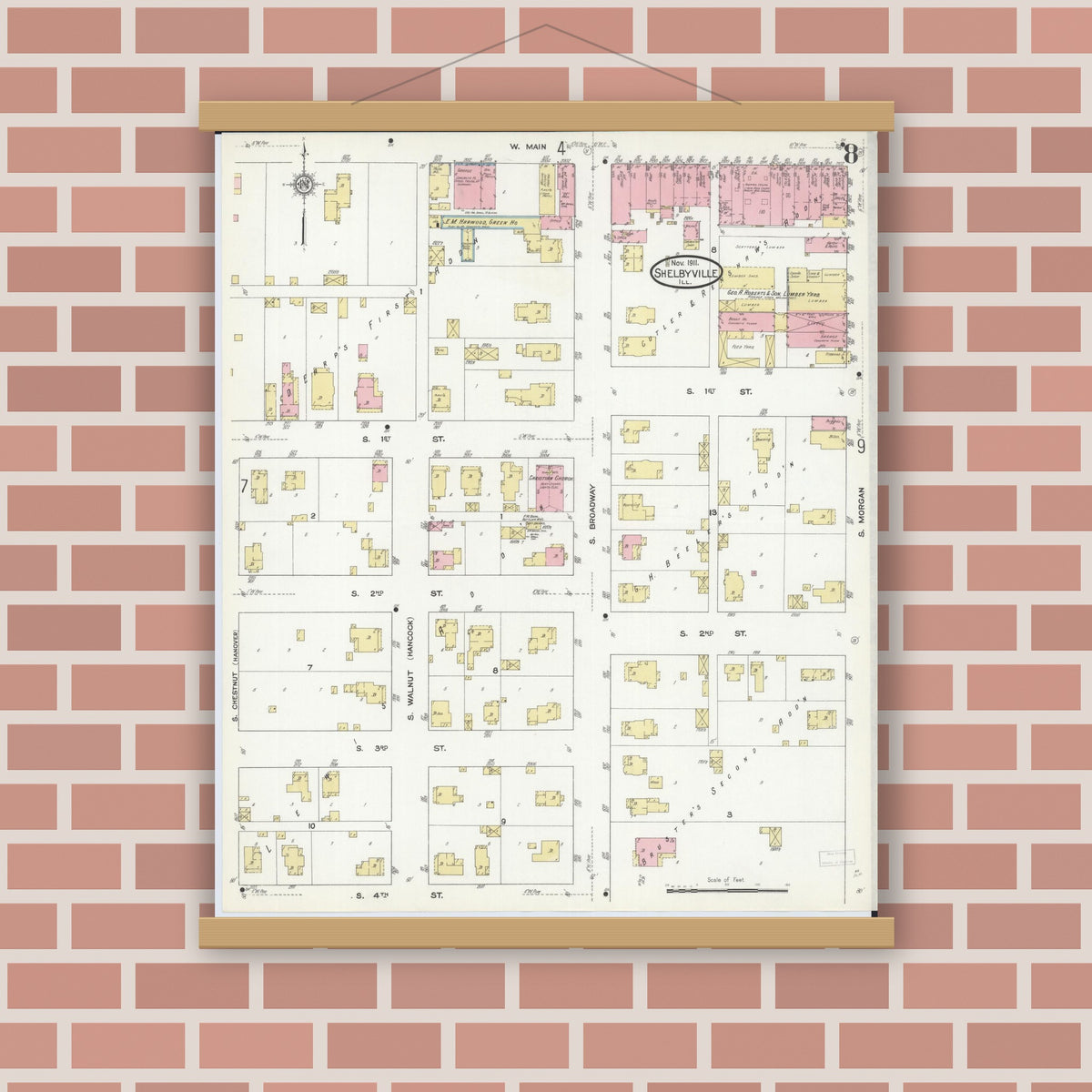 Old map wall art mockup — magnetic wood frame on brick wall — Sanborn Fire Insurance Map from Shelbyville, Shelby County, Illinois (1911), Sheet #0008