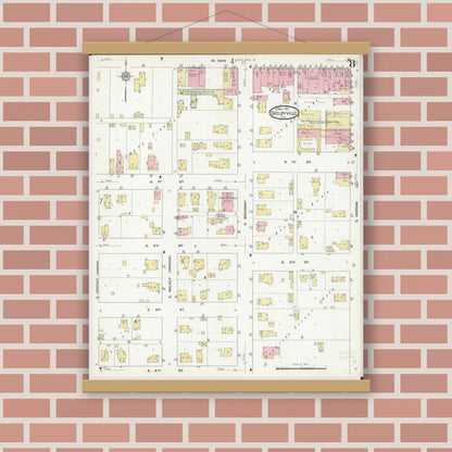 Old map wall art mockup — magnetic wood frame on brick wall — Sanborn Fire Insurance Map from Shelbyville, Shelby County, Illinois (1911), Sheet #0008