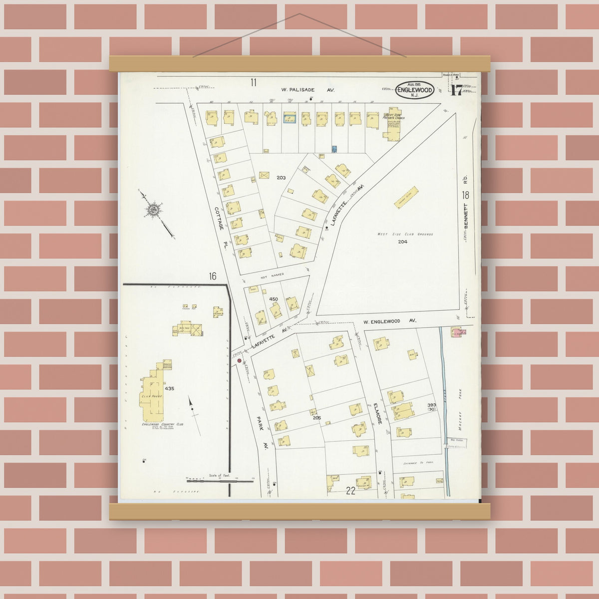 Old map wall art mockup — magnetic wood frame on brick wall — Sanborn Fire Insurance Map from Englewood, Bergen County, New Jersey (1915), Sheet #0017