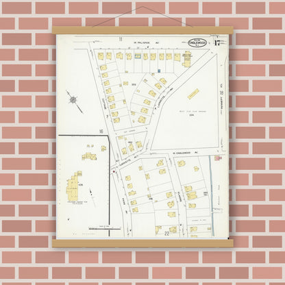 Old map wall art mockup — magnetic wood frame on brick wall — Sanborn Fire Insurance Map from Englewood, Bergen County, New Jersey (1915), Sheet #0017