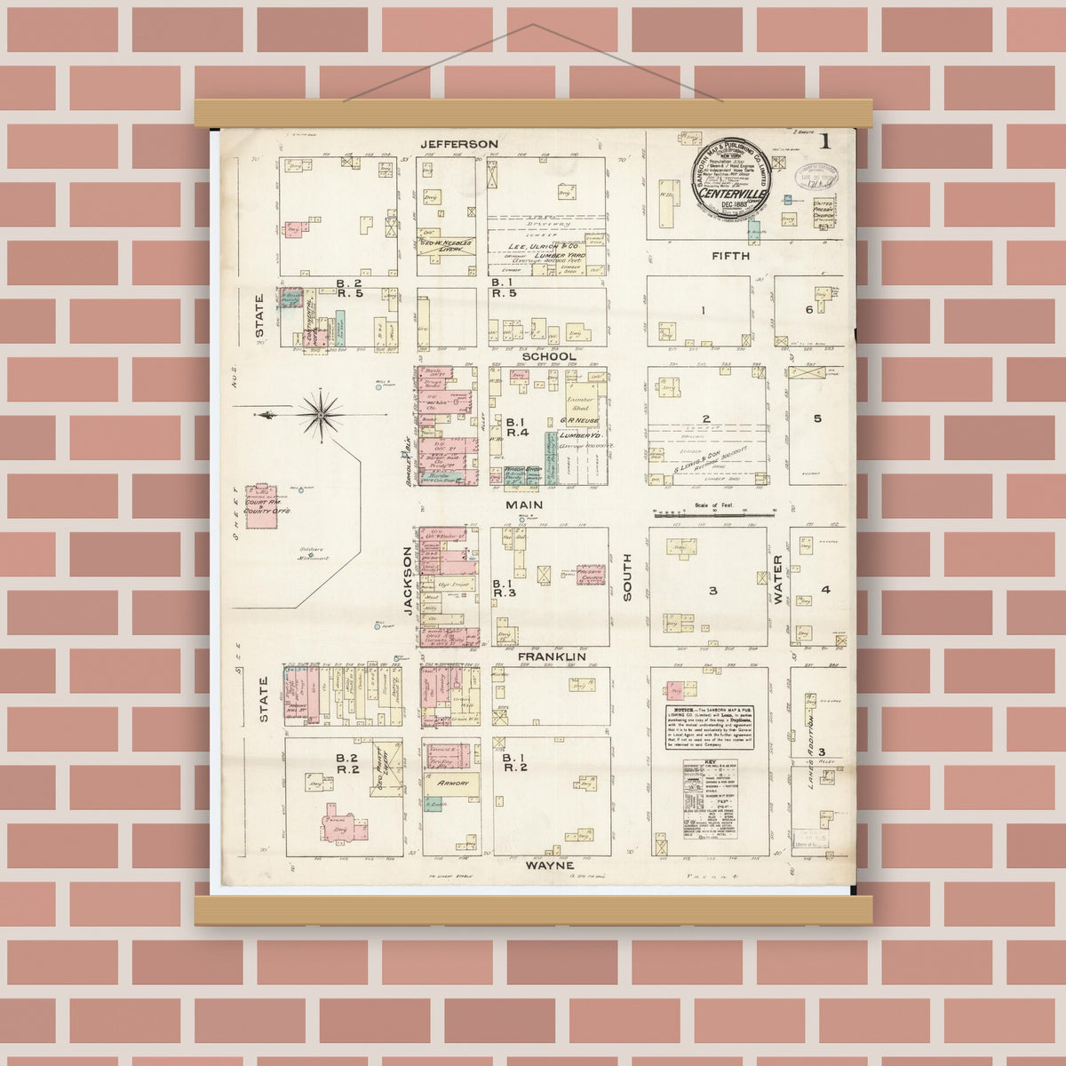 Old map wall art mockup — magnetic wood frame on brick wall — Sanborn Fire Insurance Map from Centerville, Appanoose County, Iowa (1883) â€” Complete Set