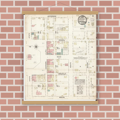 Old map wall art mockup — magnetic wood frame on brick wall — Sanborn Fire Insurance Map from Centerville, Appanoose County, Iowa (1883) â€” Complete Set