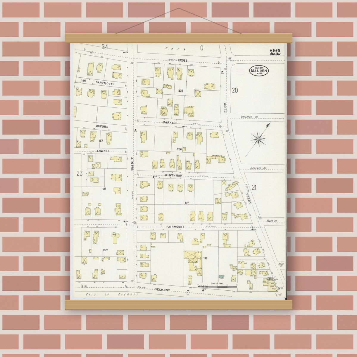 Old map wall art mockup — magnetic wood frame on brick wall — Sanborn Fire Insurance Map from Malden, Middlesex County, Massachusetts (1897), Sheet #0022