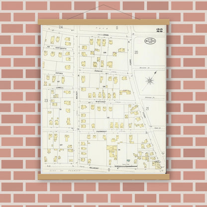 Old map wall art mockup — magnetic wood frame on brick wall — Sanborn Fire Insurance Map from Malden, Middlesex County, Massachusetts (1897), Sheet #0022