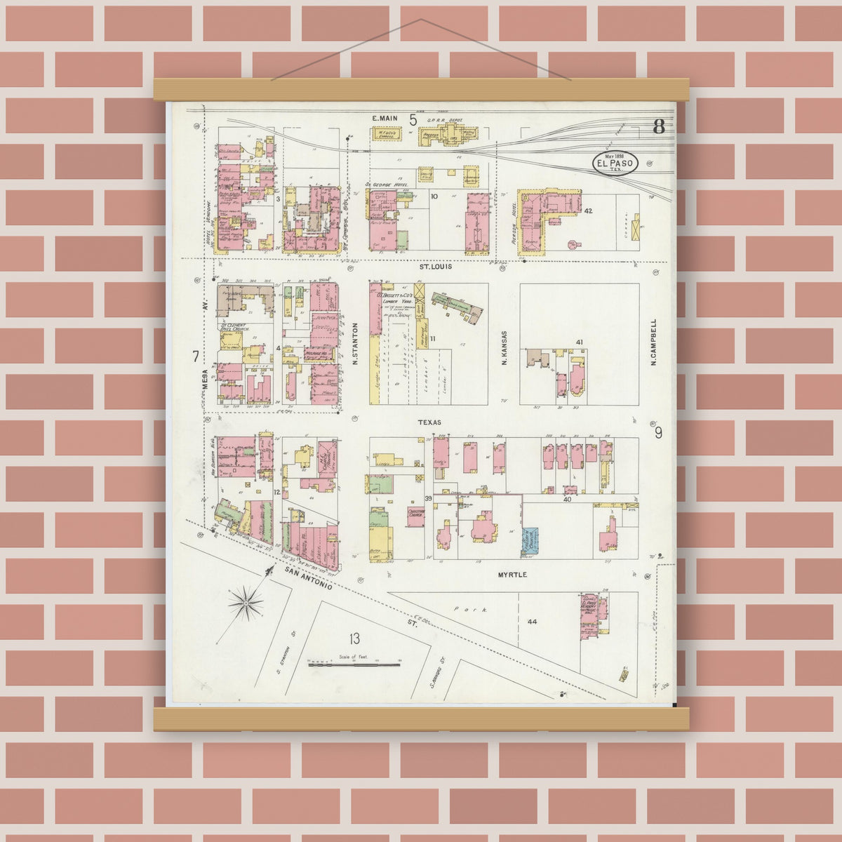 Old map wall art mockup — magnetic wood frame on brick wall — Sanborn Fire Insurance Map from El Paso, El Paso County, Texas (1898), Sheet #0008