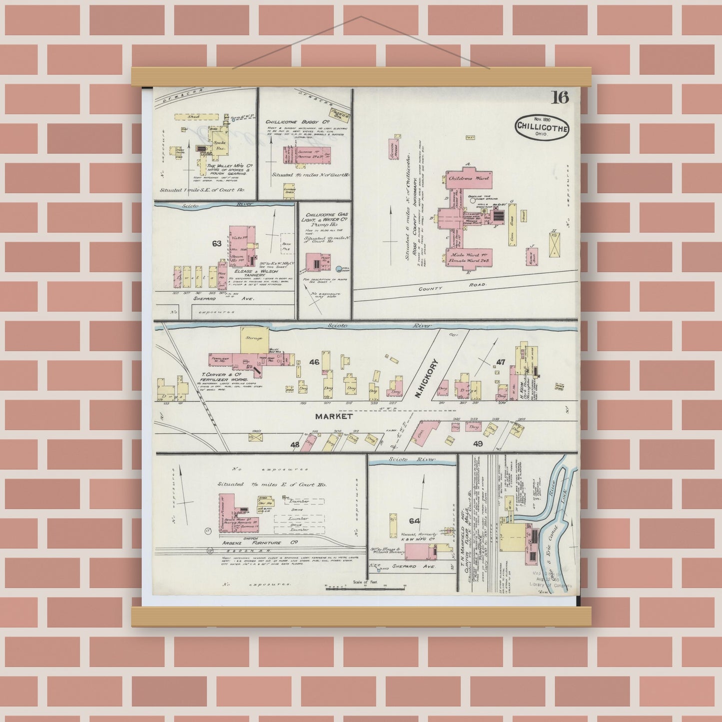 Old map wall art mockup — magnetic wood frame on brick wall — Sanborn Fire Insurance Map from Chillicothe, Ross County, Ohio (1890), Sheet #0016