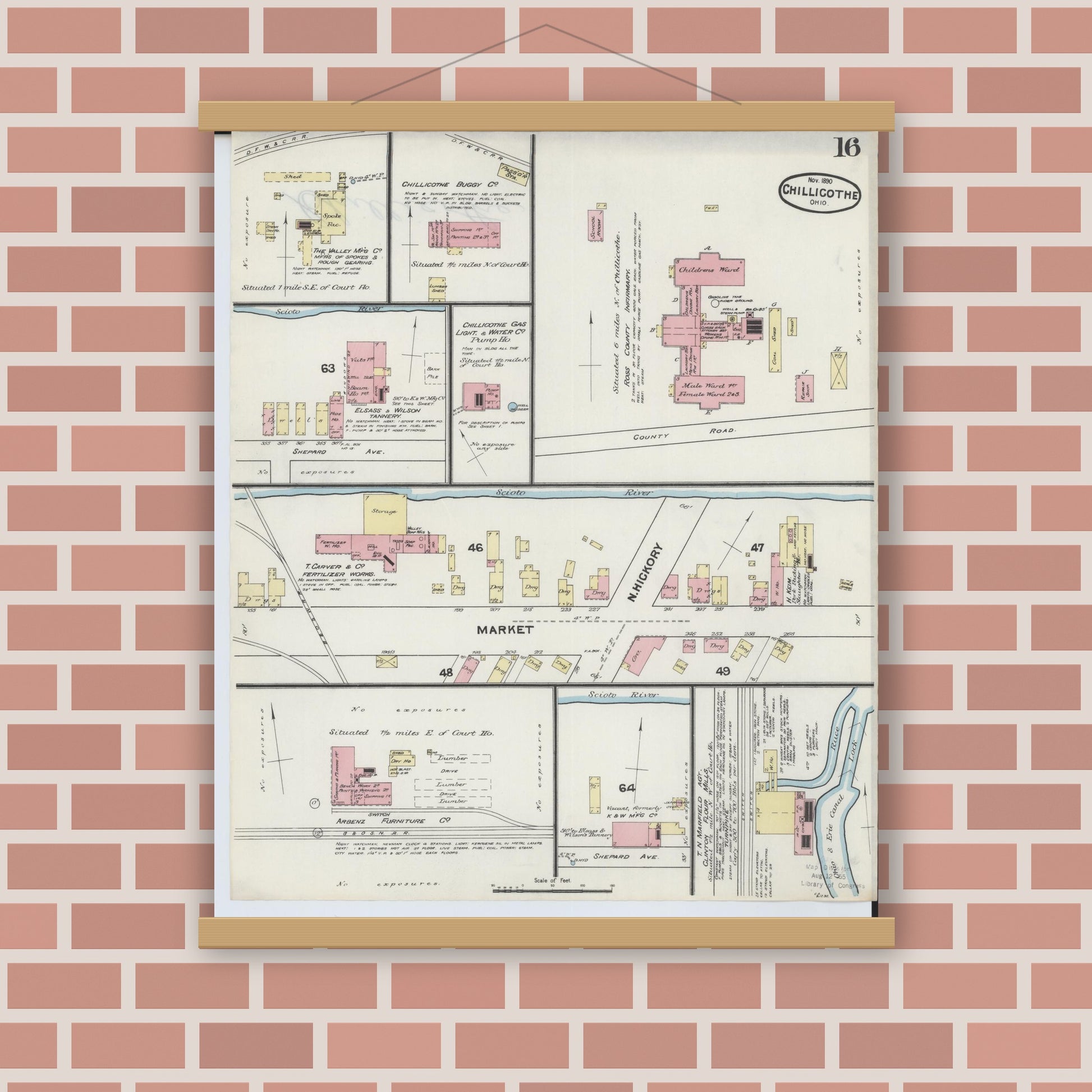 Old map wall art mockup — magnetic wood frame on brick wall — Sanborn Fire Insurance Map from Chillicothe, Ross County, Ohio (1890), Sheet #0016
