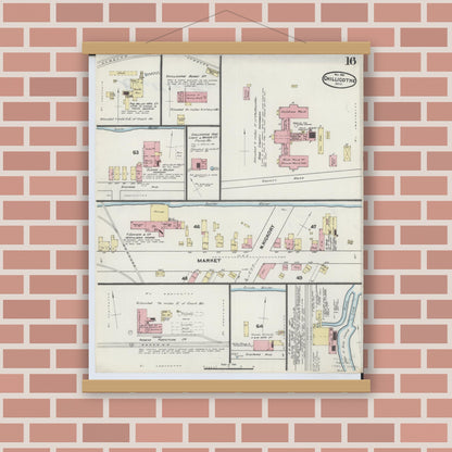 Old map wall art mockup — magnetic wood frame on brick wall — Sanborn Fire Insurance Map from Chillicothe, Ross County, Ohio (1890), Sheet #0016