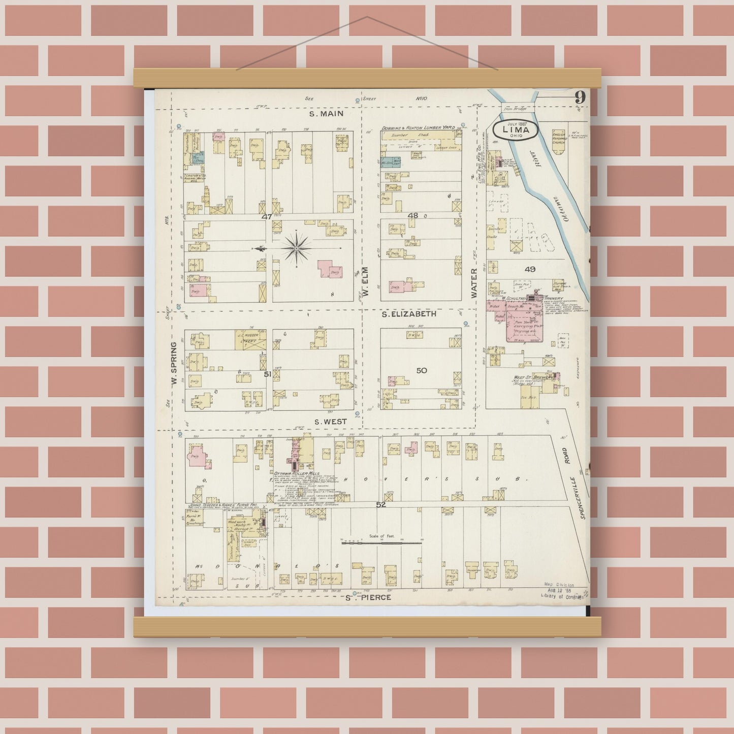 Old map wall art mockup — magnetic wood frame on brick wall — Sanborn Fire Insurance Map from Lima, Allen County, Ohio (1887), Sheet #0009