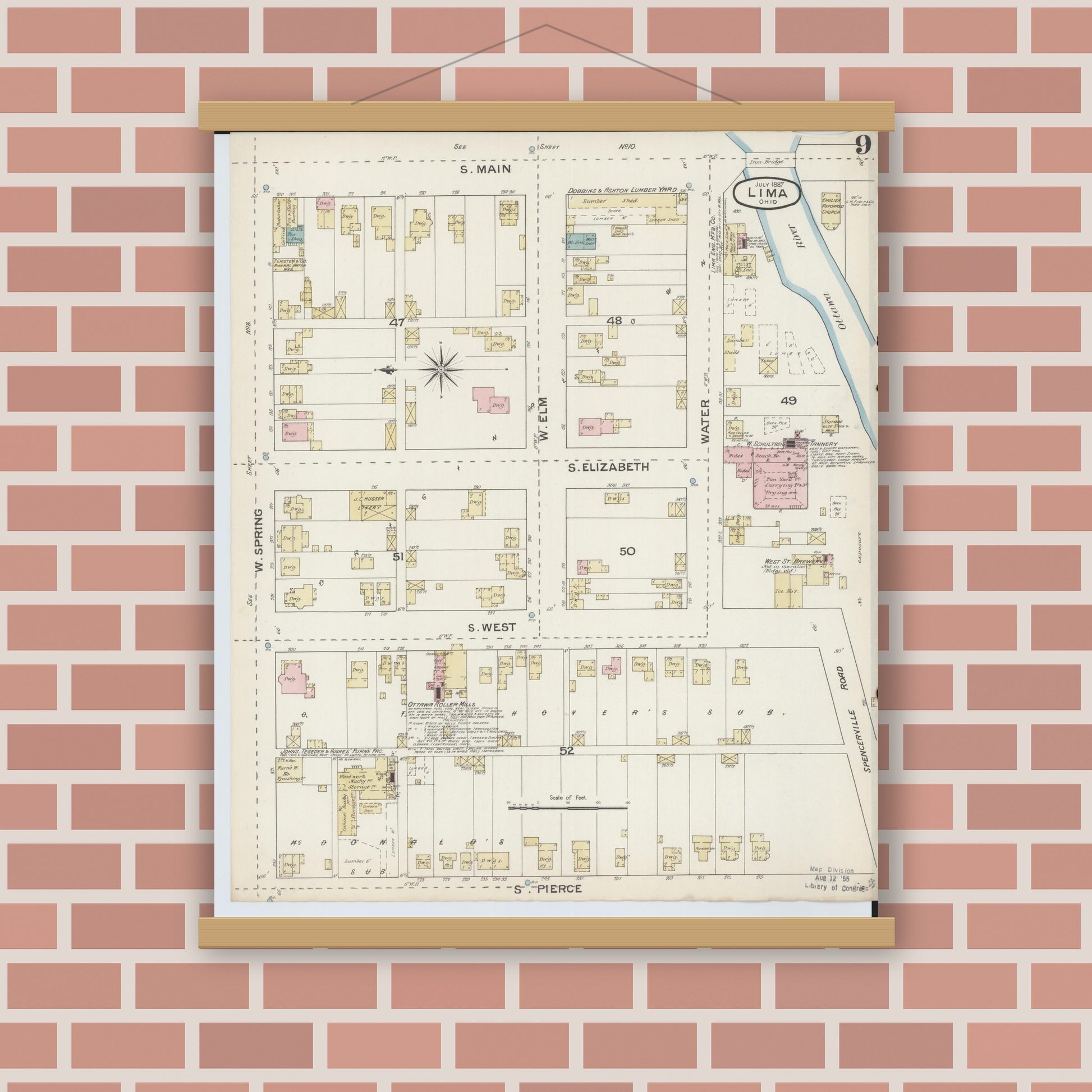 Old map wall art mockup — magnetic wood frame on brick wall — Sanborn Fire Insurance Map from Lima, Allen County, Ohio (1887), Sheet #0009