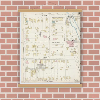 Old map wall art mockup — magnetic wood frame on brick wall — Sanborn Fire Insurance Map from Lima, Allen County, Ohio (1887), Sheet #0009
