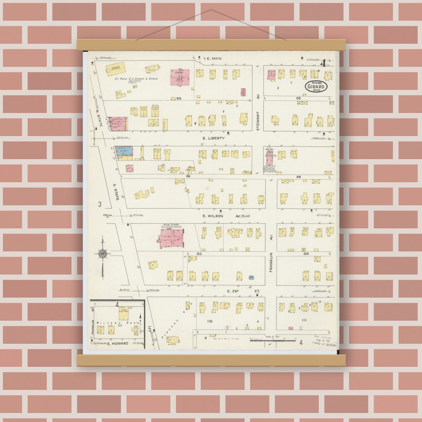 Old map wall art mockup — magnetic wood frame on brick wall — Sanborn Fire Insurance Map from Girard, Trumbull County, Ohio (1915), Sheet #0004