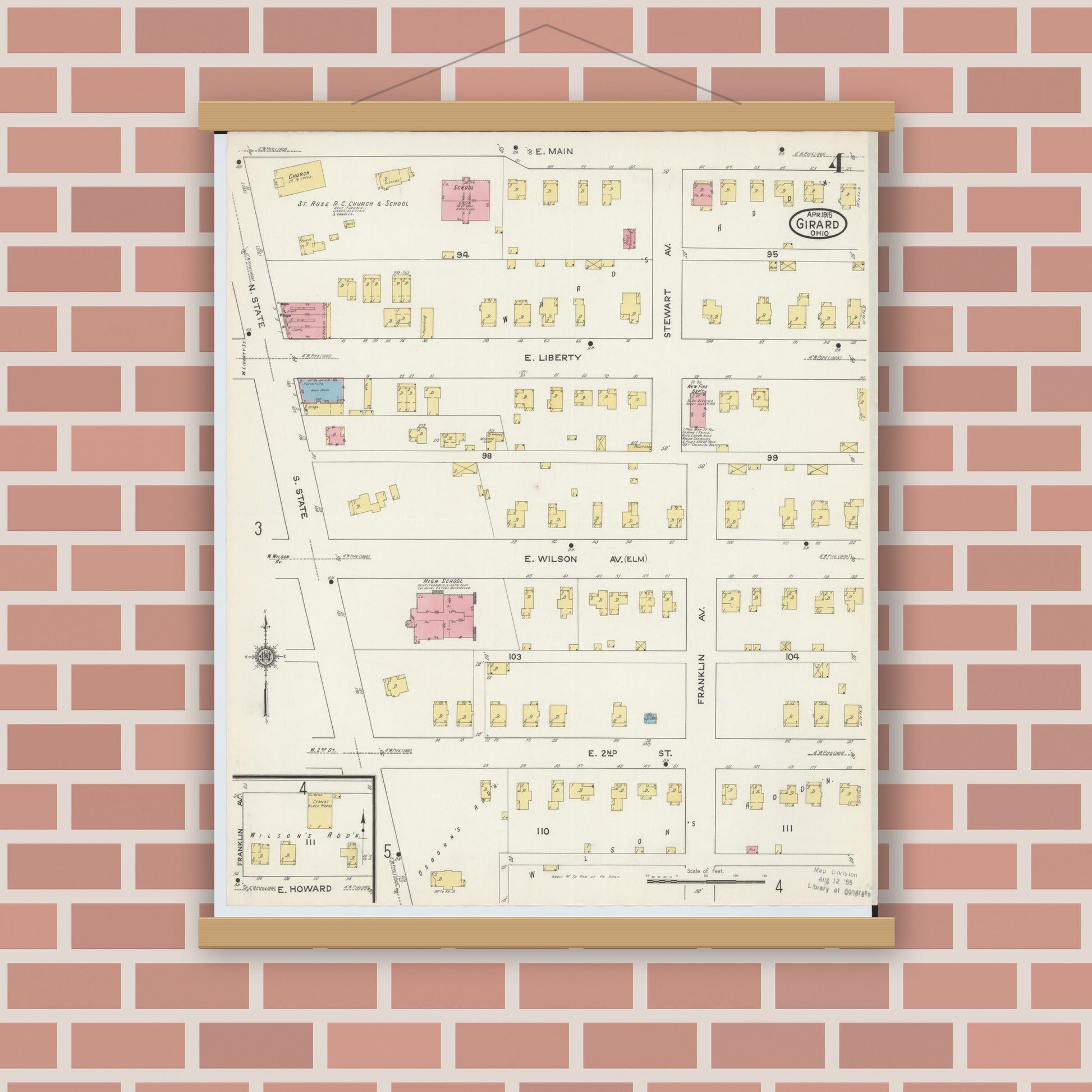 Old map wall art mockup — magnetic wood frame on brick wall — Sanborn Fire Insurance Map from Girard, Trumbull County, Ohio (1915), Sheet #0004