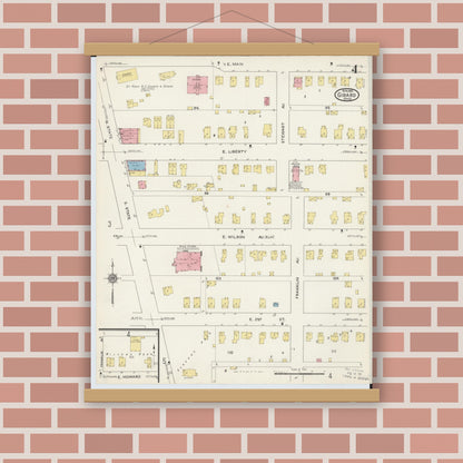 Old map wall art mockup — magnetic wood frame on brick wall — Sanborn Fire Insurance Map from Girard, Trumbull County, Ohio (1915), Sheet #0004