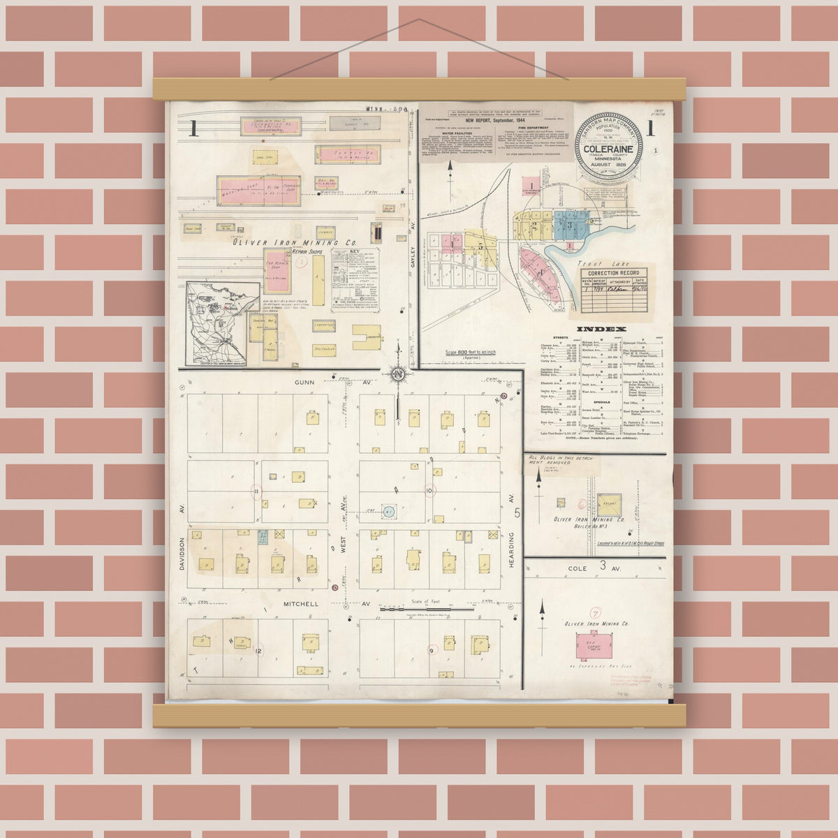 Old map wall art mockup — magnetic wood frame on brick wall — Sanborn Fire Insurance Map from Coleraine, Itasca County, Minnesota (1944) - Complete Map Set
