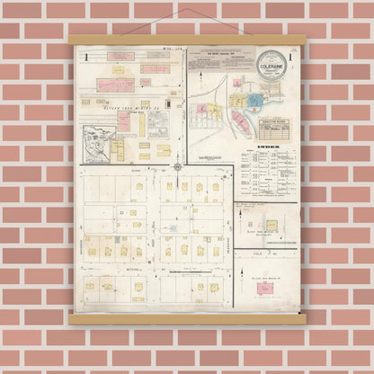 Old map wall art mockup — magnetic wood frame on brick wall — Sanborn Fire Insurance Map from Coleraine, Itasca County, Minnesota (1944) - Complete Map Set