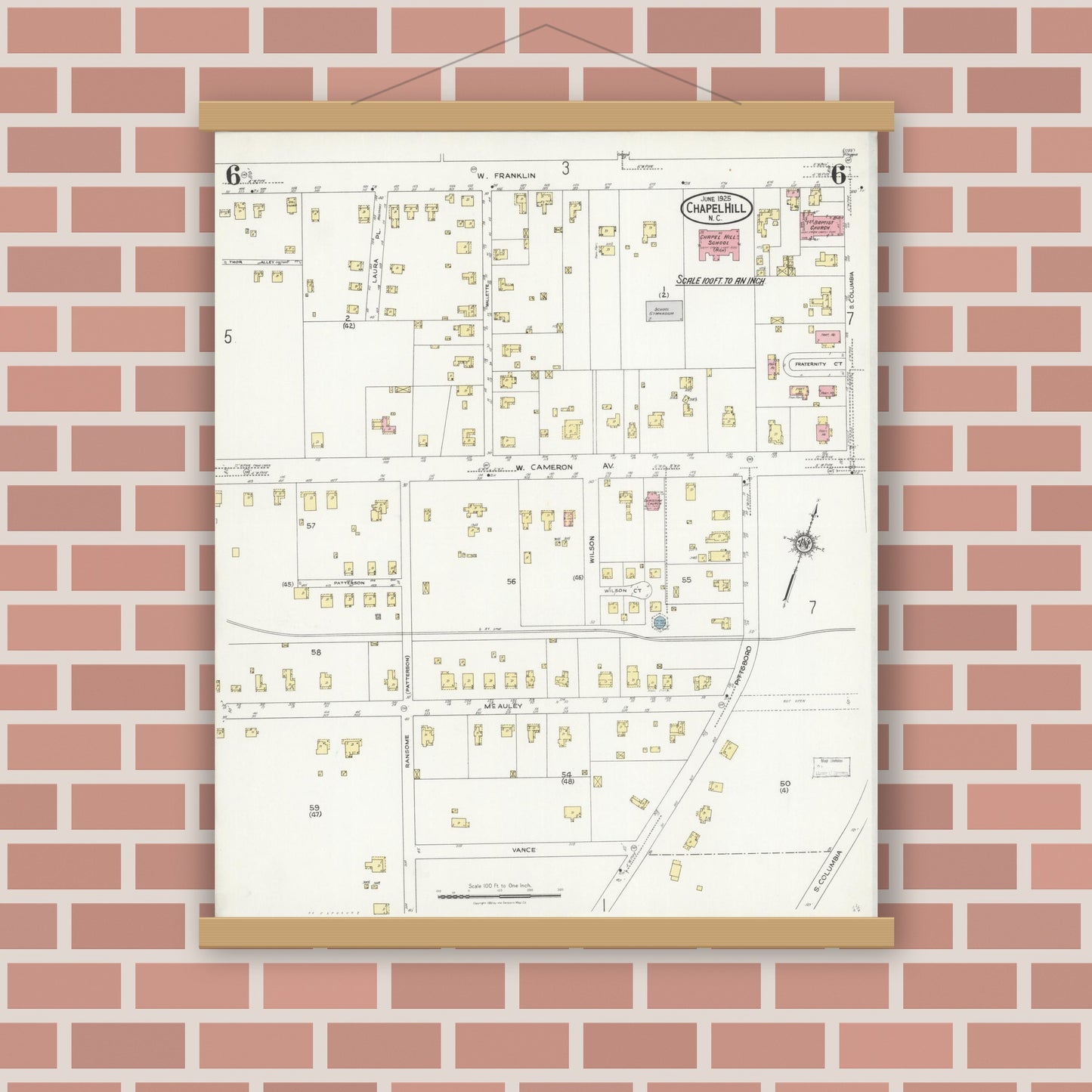 Old map wall art mockup — magnetic wood frame on brick wall — Sanborn Fire Insurance Map from Chapel Hill, Orange County, North Carolina (1925), Sheet #0006
