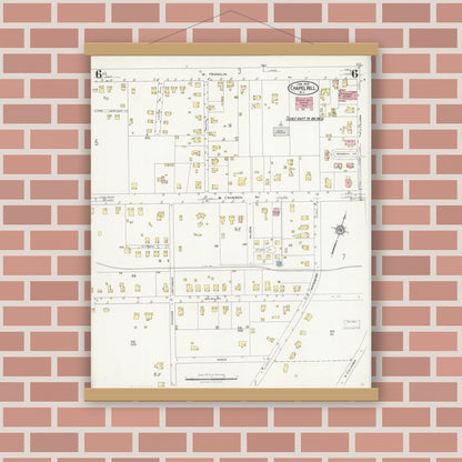 Old map wall art mockup — magnetic wood frame on brick wall — Sanborn Fire Insurance Map from Chapel Hill, Orange County, North Carolina (1925), Sheet #0006