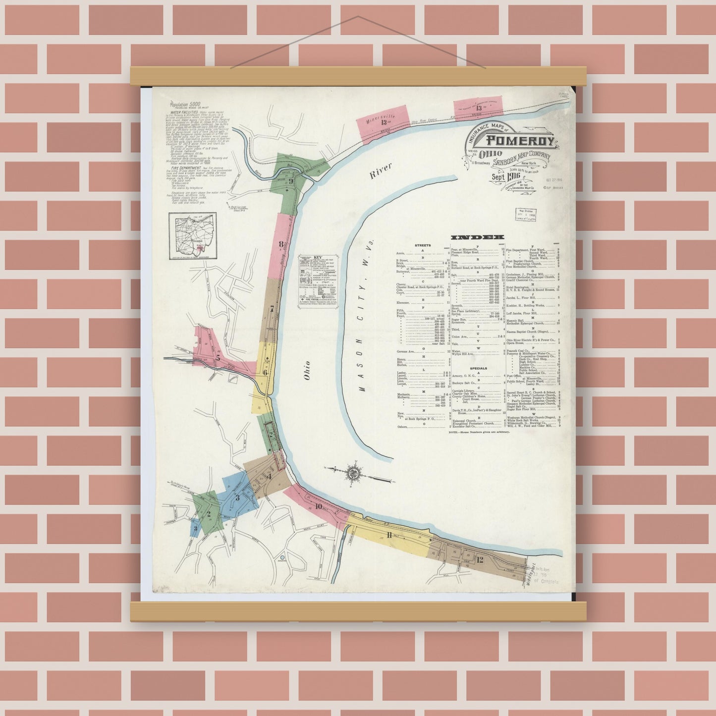 Old map wall art mockup — magnetic wood frame on brick wall — Sanborn Fire Insurance Map from Pomeroy, Meigs County, Ohio (1916) - Complete Map Set