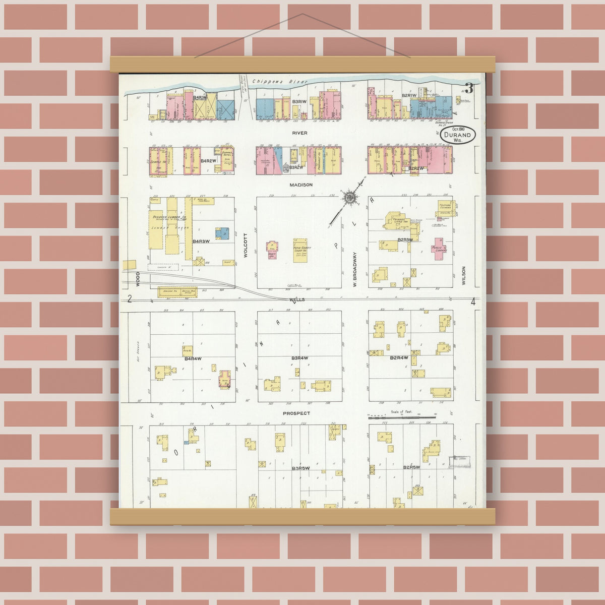 Old map wall art mockup — magnetic wood frame on brick wall — Sanborn Fire Insurance Map from Durand, Pepin County, Wisconsin (1910), Sheet #0003