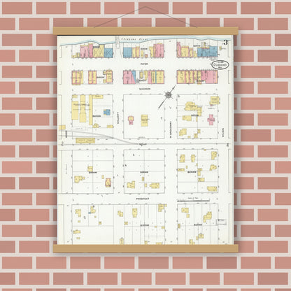 Old map wall art mockup — magnetic wood frame on brick wall — Sanborn Fire Insurance Map from Durand, Pepin County, Wisconsin (1910), Sheet #0003