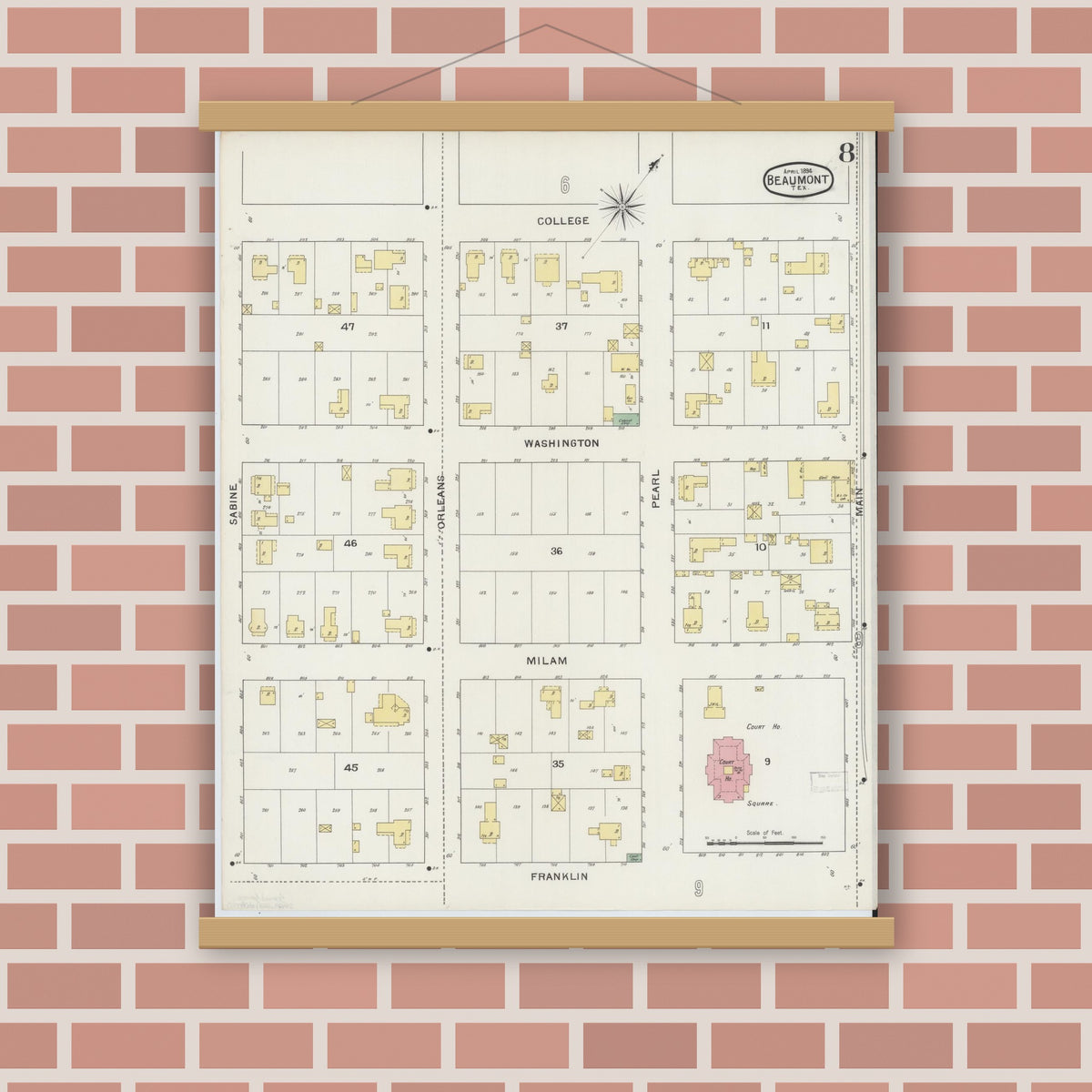 Old map wall art mockup — magnetic wood frame on brick wall — Sanborn Fire Insurance Map from Beaumont, Jefferson County, Texas (1894), Sheet #0008