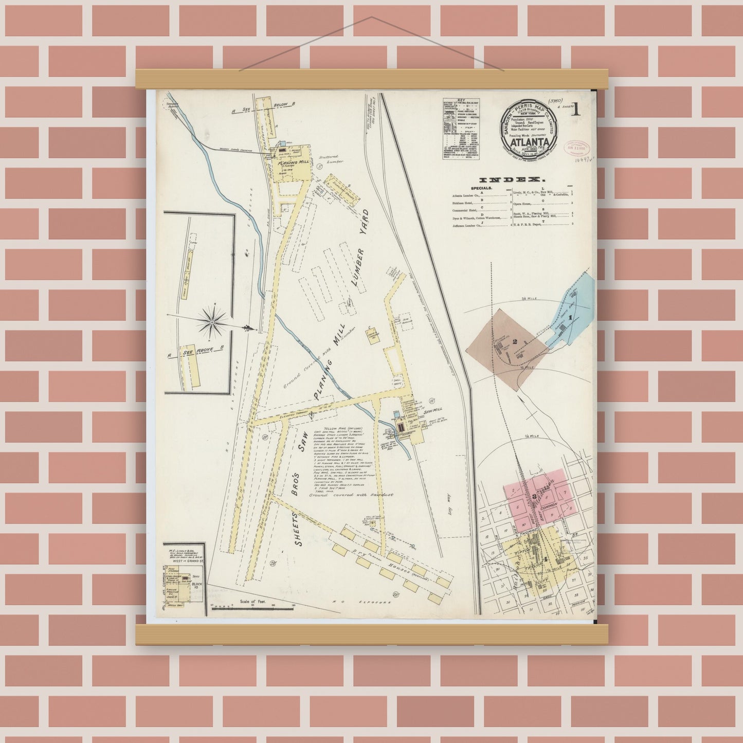Old map wall art mockup — magnetic wood frame on brick wall — Sanborn Fire Insurance Map from Atlanta, Cass County, Texas (1890), Sheet #0001