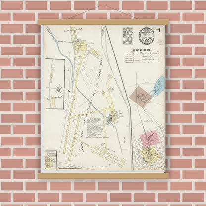 Old map wall art mockup — magnetic wood frame on brick wall — Sanborn Fire Insurance Map from Atlanta, Cass County, Texas (1890), Sheet #0001