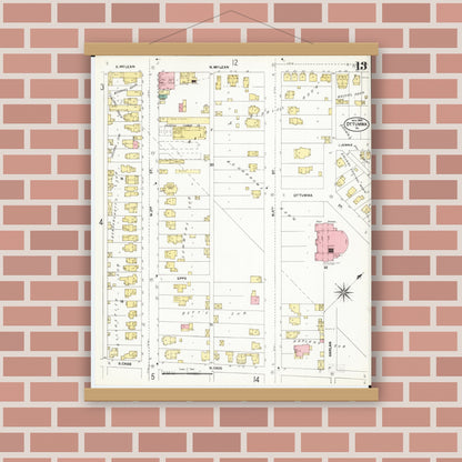 Old map wall art mockup — magnetic wood frame on brick wall — Sanborn Fire Insurance Map from Ottumwa, Wapello County, Iowa (1902), Sheet #0013