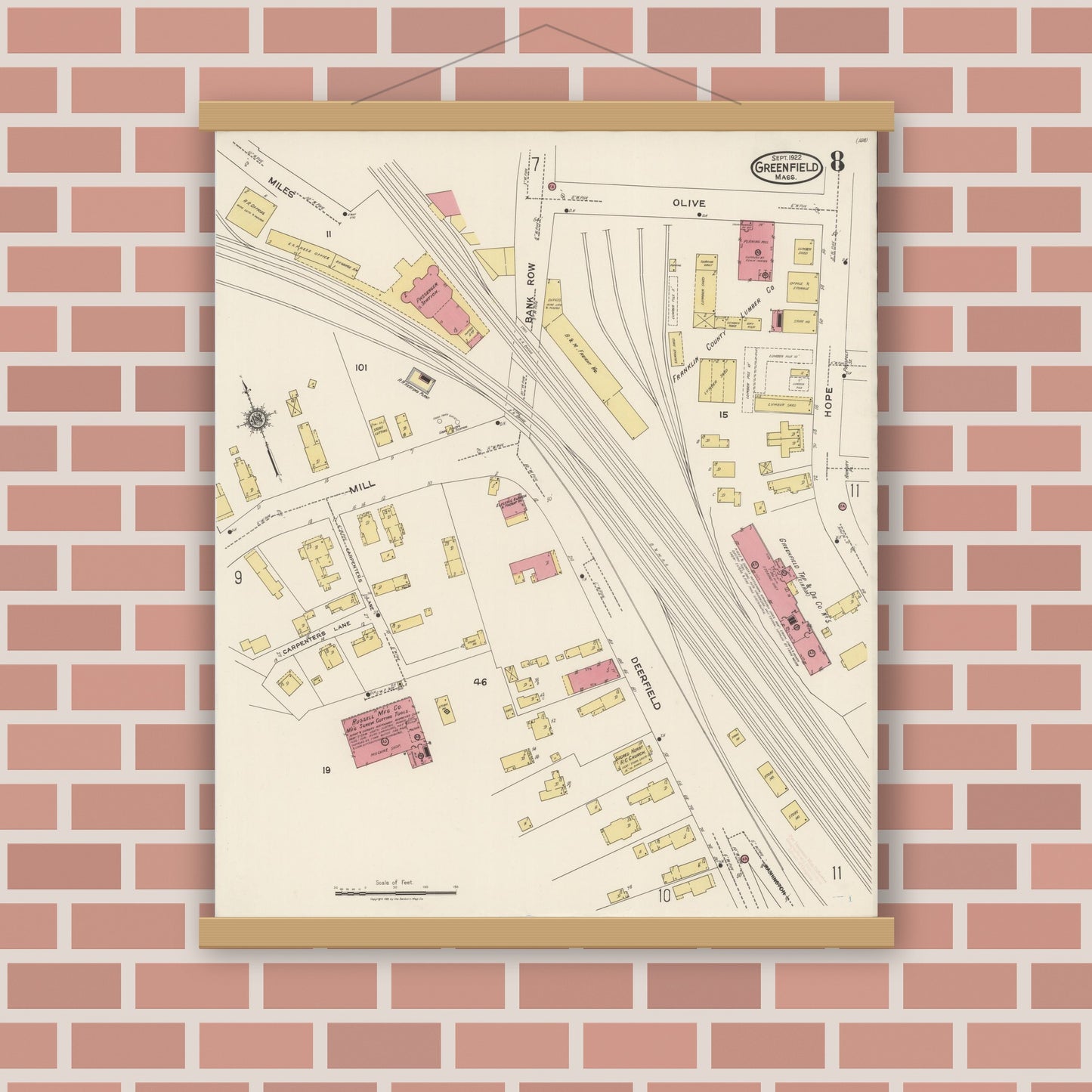 Old map wall art mockup — magnetic wood frame on brick wall — Sanborn Fire Insurance Map from Greenfield, Franklin County, Massachusetts (1922), Sheet #0008