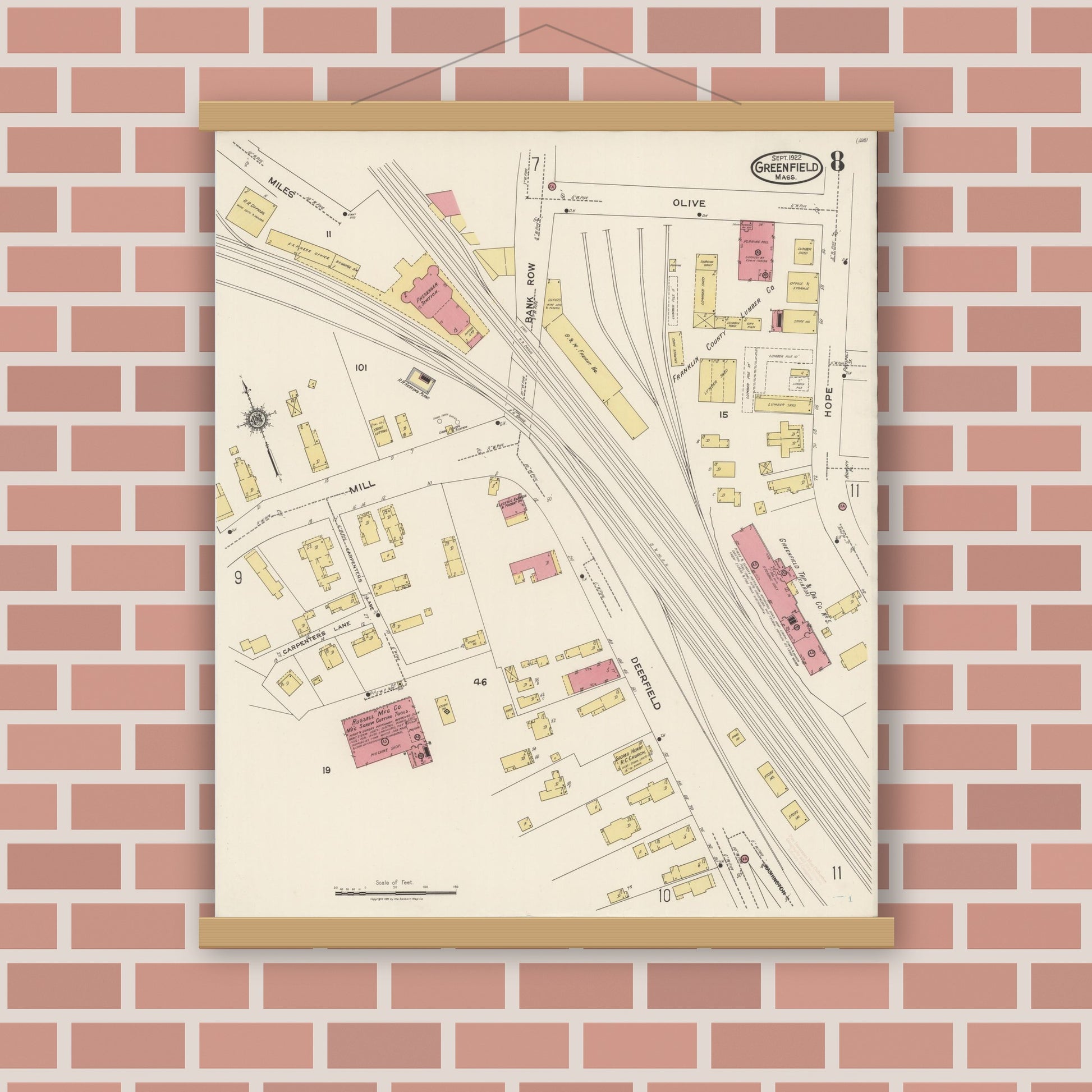 Old map wall art mockup — magnetic wood frame on brick wall — Sanborn Fire Insurance Map from Greenfield, Franklin County, Massachusetts (1922), Sheet #0008