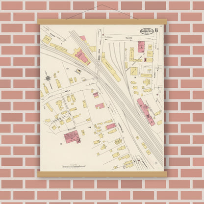 Old map wall art mockup — magnetic wood frame on brick wall — Sanborn Fire Insurance Map from Greenfield, Franklin County, Massachusetts (1922), Sheet #0008