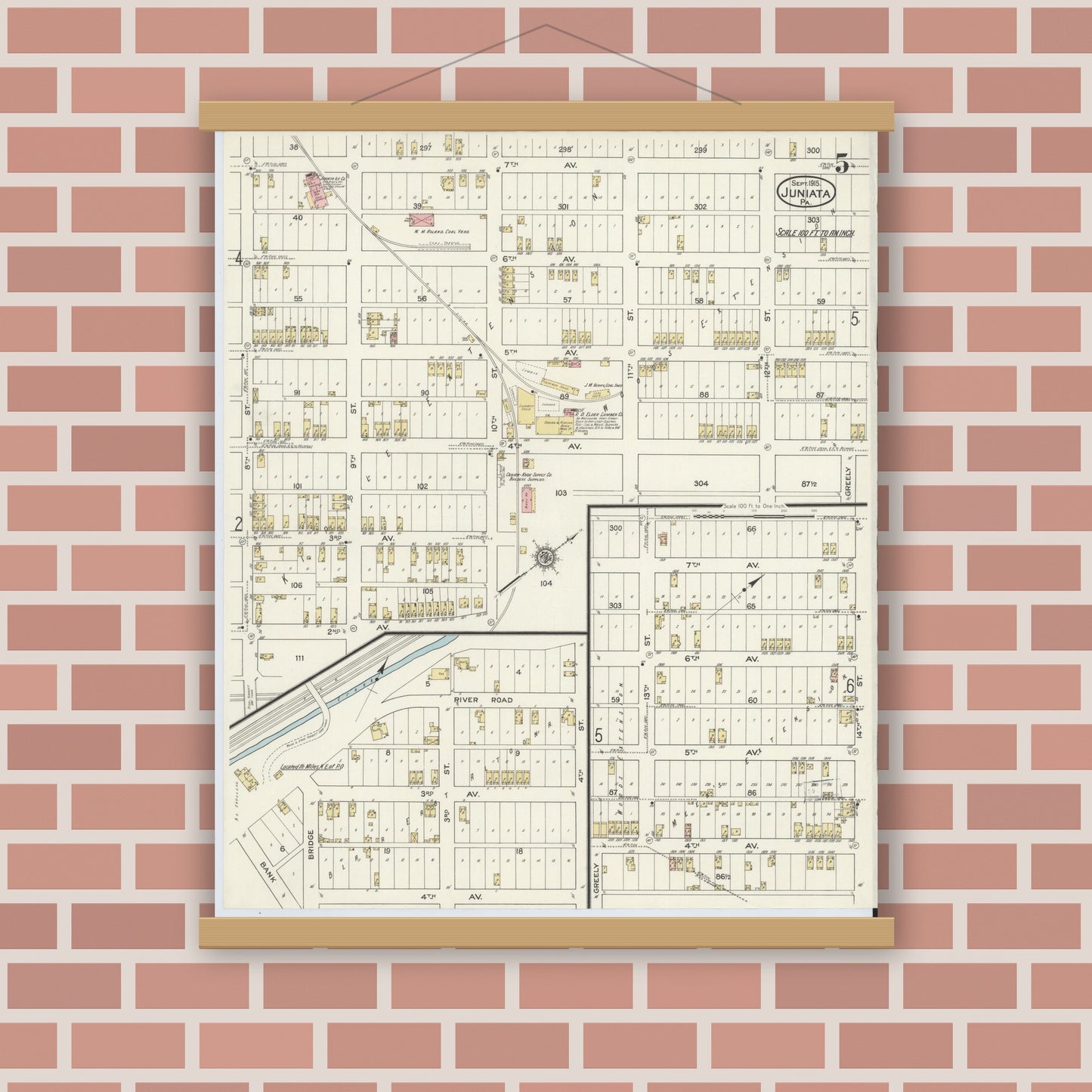 Old map wall art mockup — magnetic wood frame on brick wall — Sanborn Fire Insurance Map from Juniata, Blair County, Pennsylvania (1915), Sheet #0005