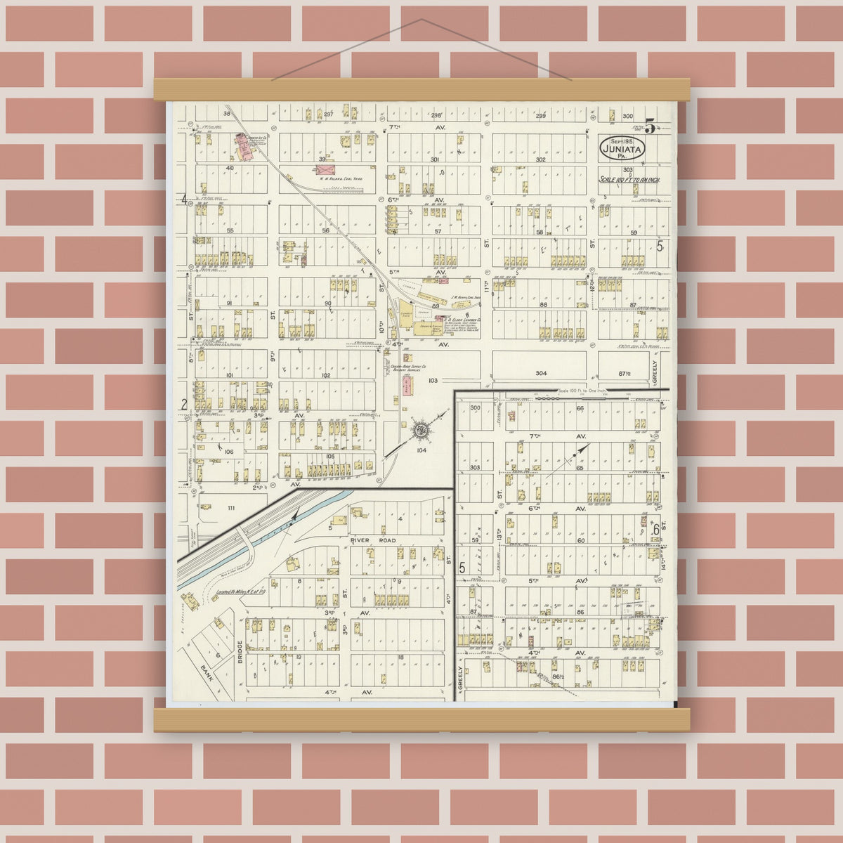Old map wall art mockup — magnetic wood frame on brick wall — Sanborn Fire Insurance Map from Juniata, Blair County, Pennsylvania (1915), Sheet #0005