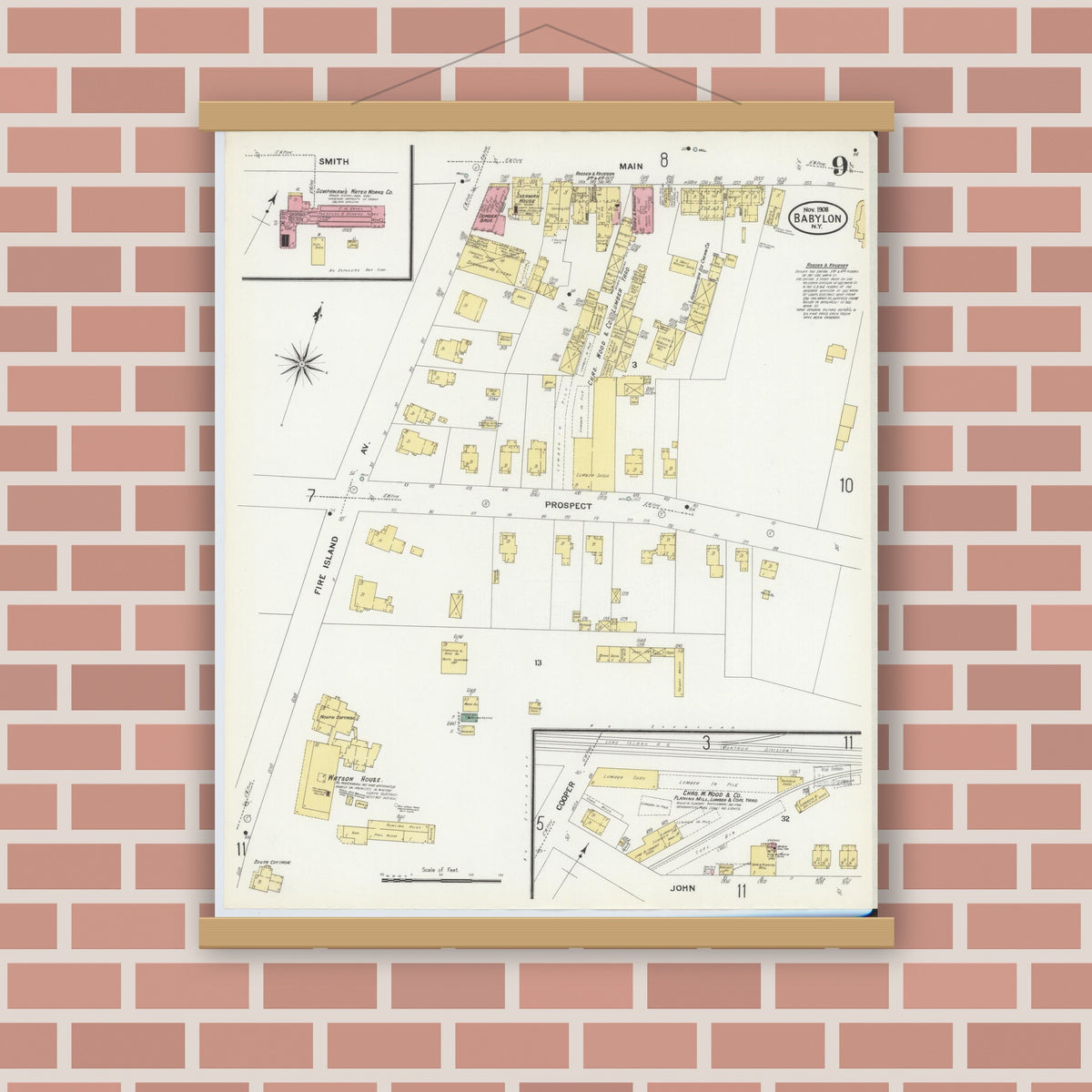 Old map wall art mockup — magnetic wood frame on brick wall — Sanborn Fire Insurance Map from Babylon, Suffolk County, New York (1908), Sheet #0009