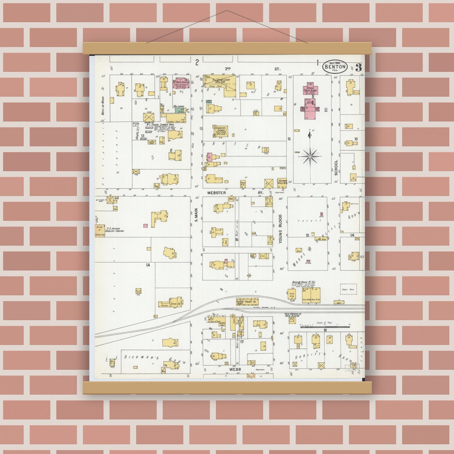Old map wall art mockup — magnetic wood frame on brick wall — Sanborn Fire Insurance Map from Benton, Franklin County, Illinois (1900), Sheet #0003