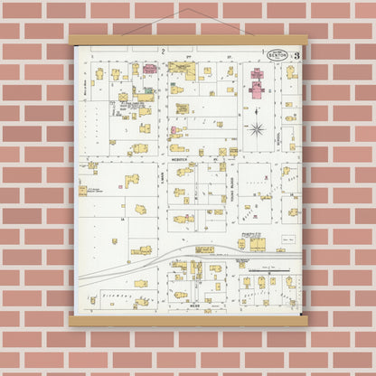 Old map wall art mockup — magnetic wood frame on brick wall — Sanborn Fire Insurance Map from Benton, Franklin County, Illinois (1900), Sheet #0003