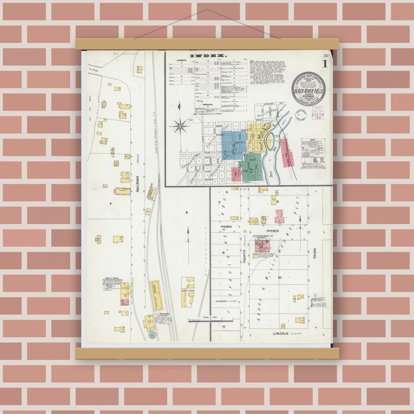 Old map wall art mockup — magnetic wood frame on brick wall — Sanborn Fire Insurance Map from Black River Falls, Jackson County, Wisconsin (1902) - Complete Map Set